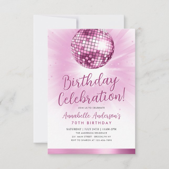 Budget Rosa Glitzer 70er Disco Ball Geburtstag Mitteilungskarte (Vorderseite)