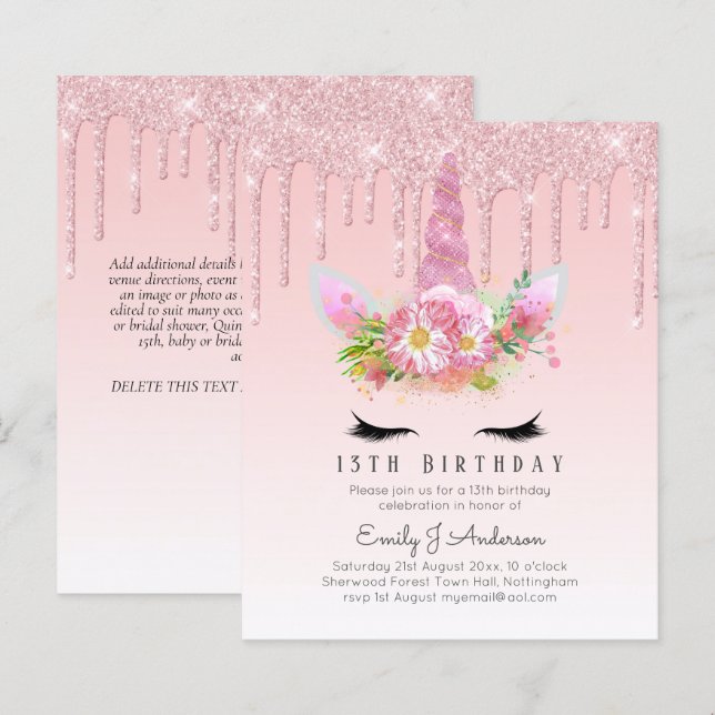 BUDGET Rosa Glitzer Einhorn Girls Birthday Einladu (Vorne/Hinten)