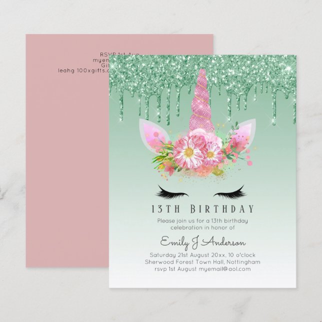 BUDGET Rosa Glitzer Einhorn Girls Birthday Einladu (Vorne/Hinten)