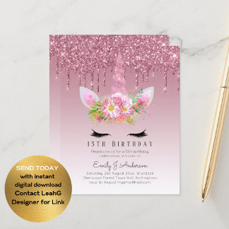 BUDGET Rosa Glitzer Einhorn Girls Birthday Einladu