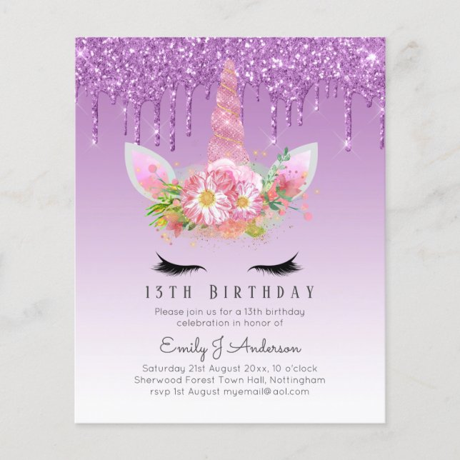 BUDGET Rosa Glitzer Einhorn Girls Birthday Einladu Flyer (Vorne)