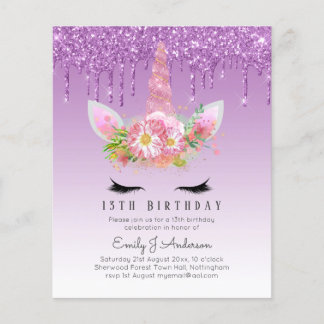 BUDGET Rosa Glitzer Einhorn Girls Birthday Einladu Flyer