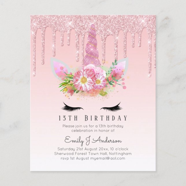 BUDGET Rosa Glitzer Einhorn Girls Birthday Einladu Flyer (Vorne)