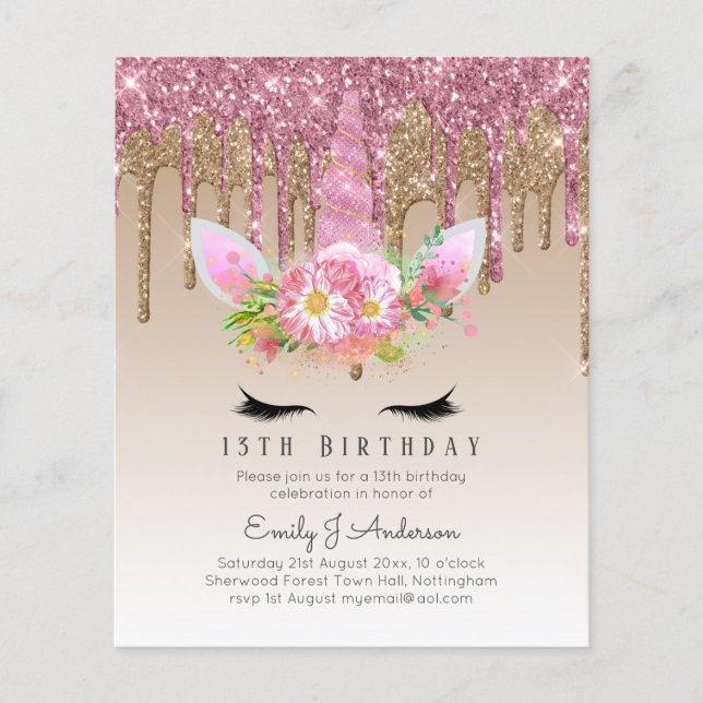 BUDGET Rosa Glitzer Einhorn Girls Birthday Einladu Flyer (Vorne)