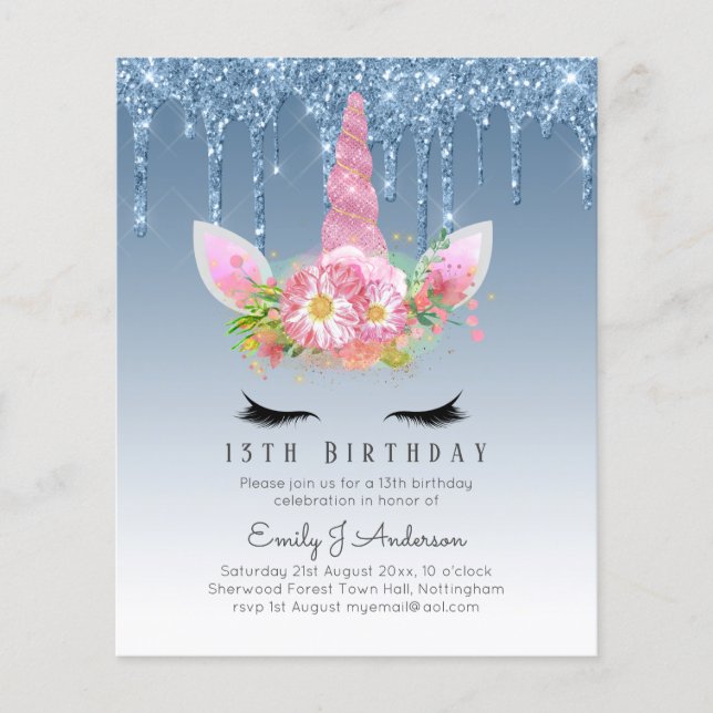 BUDGET Rosa Glitzer Einhorn Girls Birthday Einladu Flyer (Vorne)