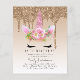 BUDGET Rosa Glitzer Einhorn Girls Birthday Einladu Flyer