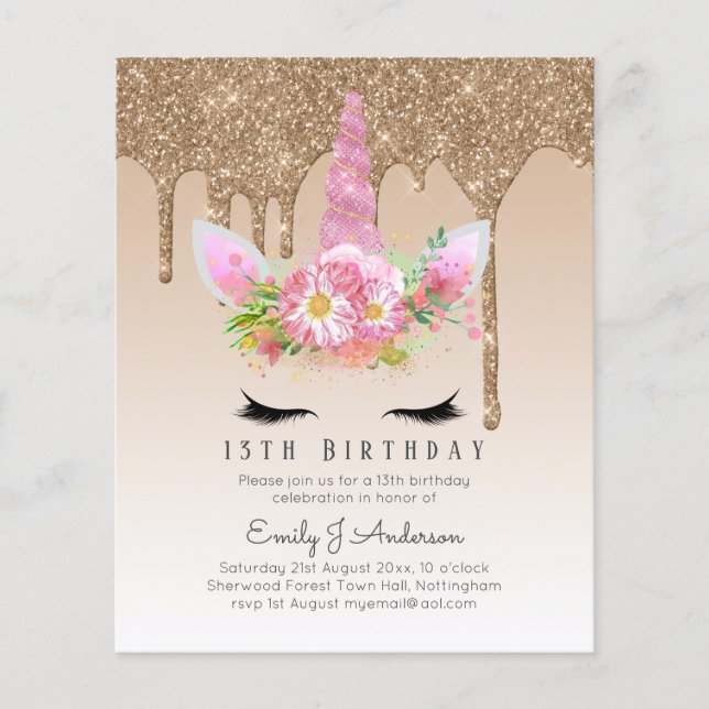 BUDGET Rosa Glitzer Einhorn Girls Birthday Einladu Flyer (Vorne)