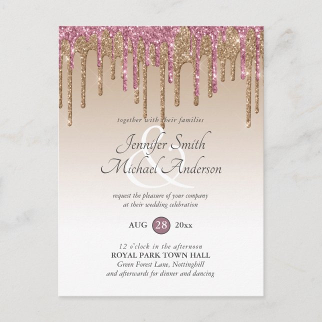 Budget Rosa Glitzer Rose Gold WEDING EINLADUNG Postkarte (Vorderseite)