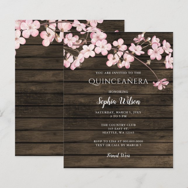 Budget Rosa Kirschblüten Quinceañera Einladung (Vorne/Hinten)