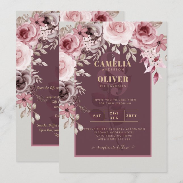 BUDGET Rosa Maroon Wine Floral Wedding INVITE Einladung (Vorne/Hinten)