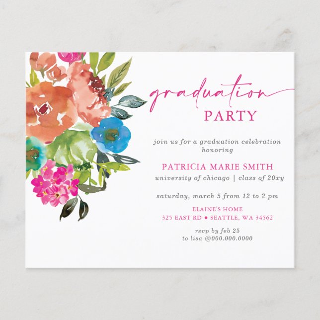 Budget Rosa Orange Bloral Graduation Party Einladu (Vorderseite)