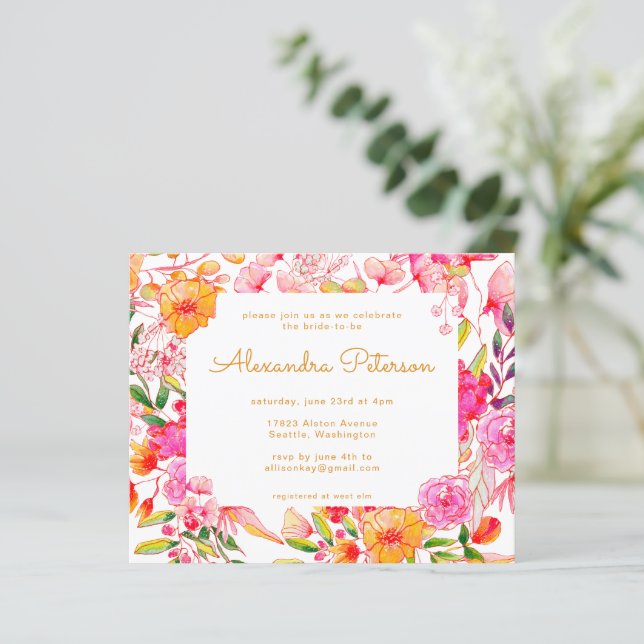 Budget Rosa Orange Blume Brautparty Einladung (Stehend Vorderseite)