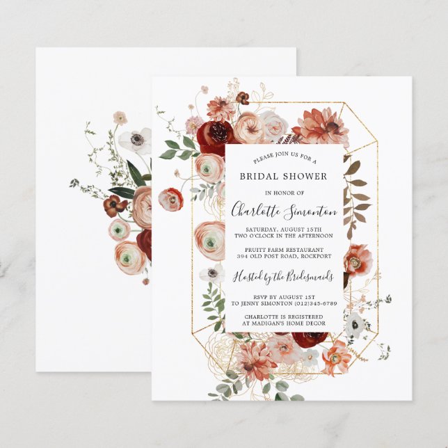 Budget Rosa Red Gold Bridal Dusche Einladung (Vorne/Hinten)