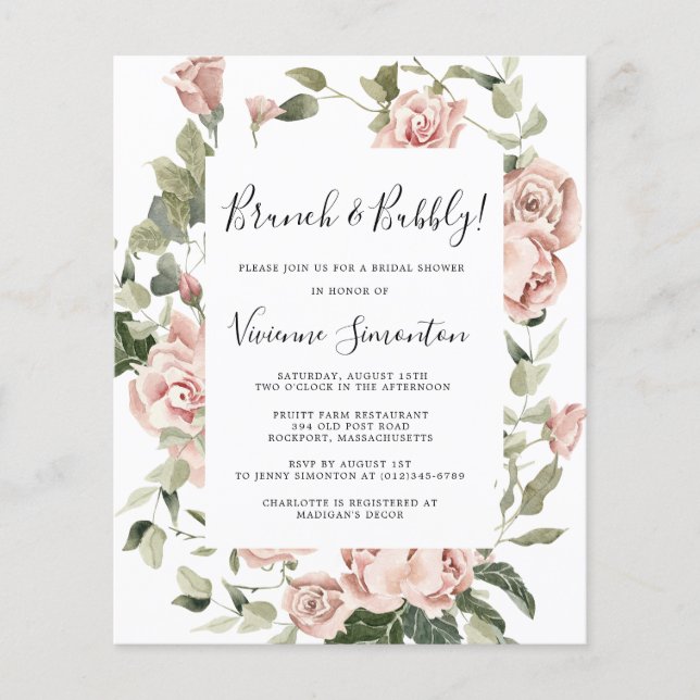 Budget Rosa Rose Blumenbrunch Einladung Flyer (Vorne)