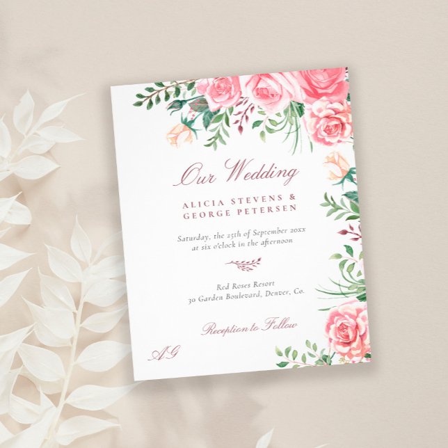 Budget Rosa Rosen elegante Hochzeitseinladung Flyer (Von Creator hochgeladen)