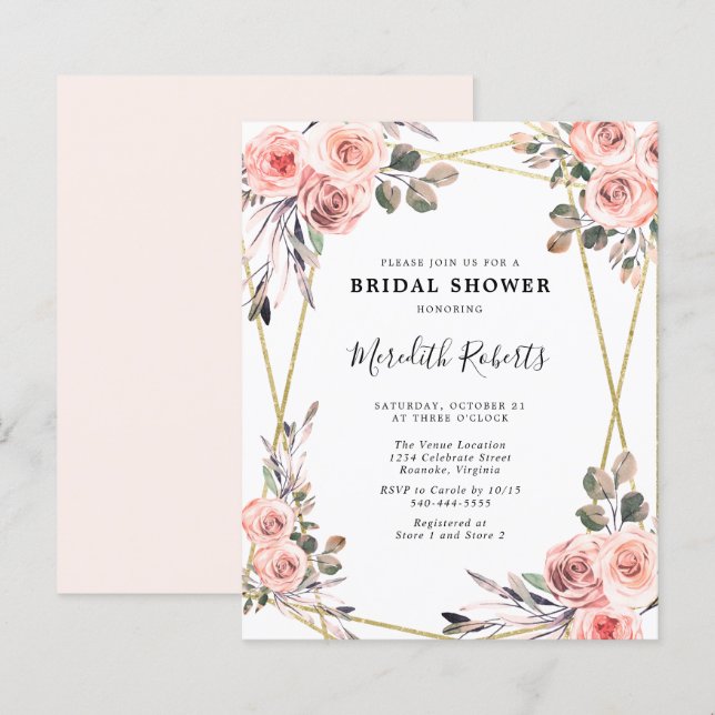 Budget Rosa Roses Bridal Dusche Einladung (Vorne/Hinten)