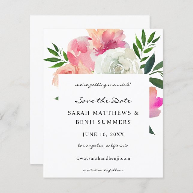 Budget Rosa und Weiß Graue Blüten Save the Date 2 (Vorne/Hinten)