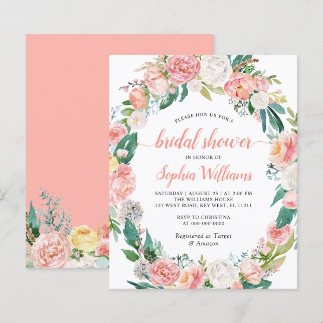 Budget Rosa und Weiß Rose Bridal Dusche Einladung (Vorne/Hinten)