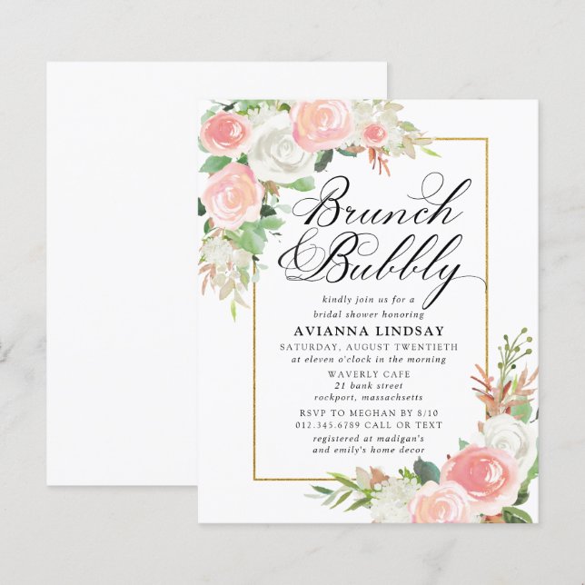 Budget Rosa Weißer Blumenbrunch Bubbly Einladung (Vorne/Hinten)