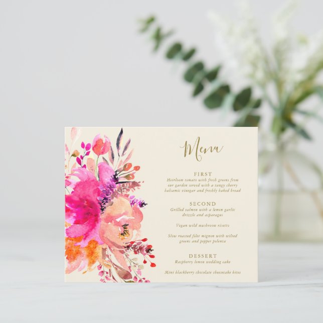 Budget Rose Aquarelle Floral Custom Wedding Menu (Debout devant)