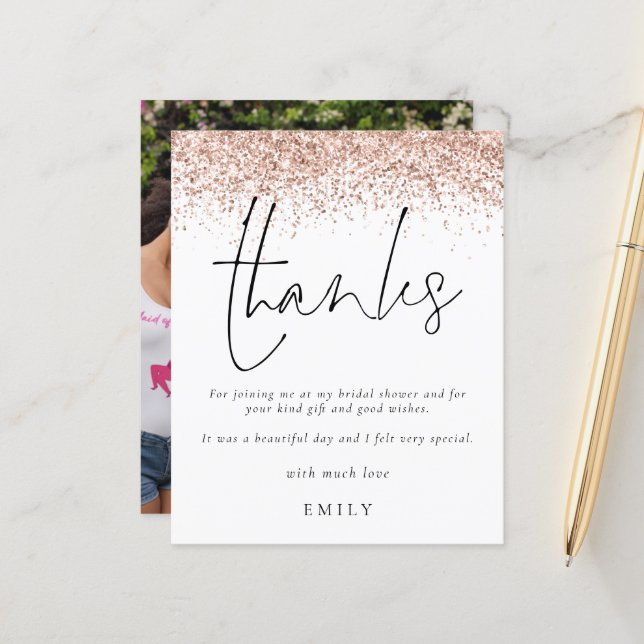 Budget Rose Glitzer Foto Brautparty Danke (Vorderseite/Rückseite Beispiel)