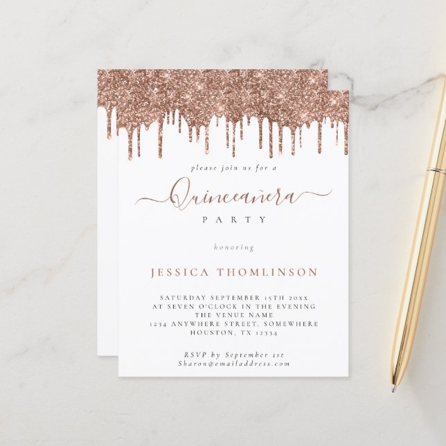 Budget Rose Glitzer Tropfen Quinceañera Einladung (Vorderseite/Rückseite Beispiel)