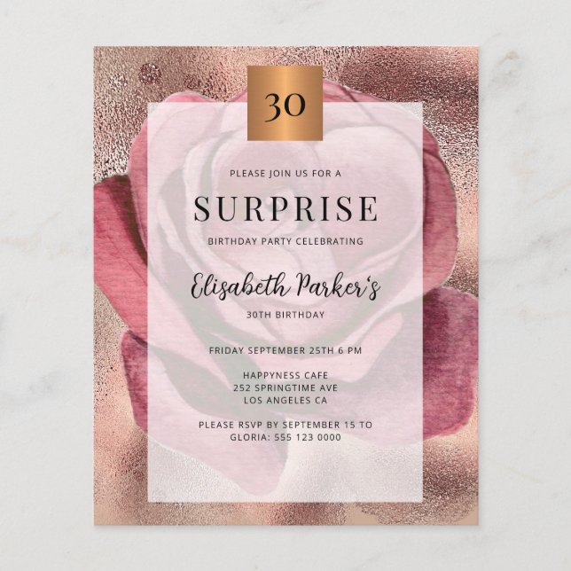 Budget Rose Gold 30. Geburtstag Party Einladung (Vorderseite)