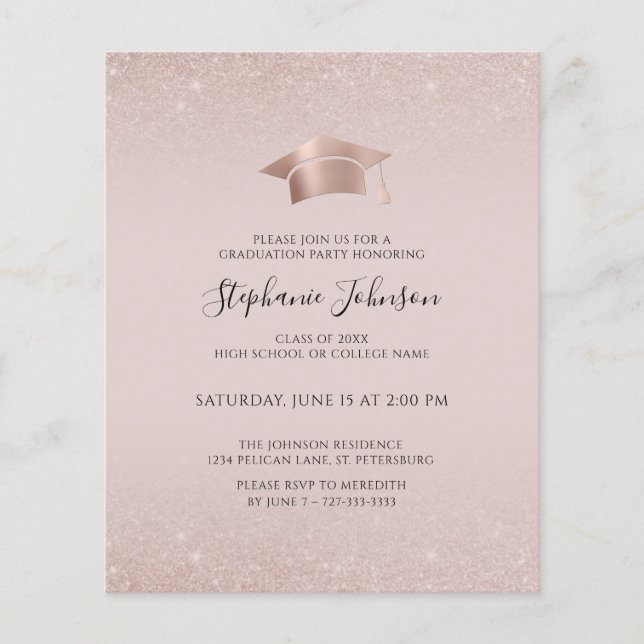 Budget Rose Gold Blush Glitzer Grad Party Einladun (Vorderseite)