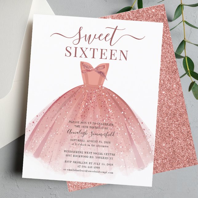 Budget Rose Gold Dress Glitzer Sweet 16 Einladung (Sweet 16 Rose Gold Glitter Birthday Sixteenth Birthday Invitation)