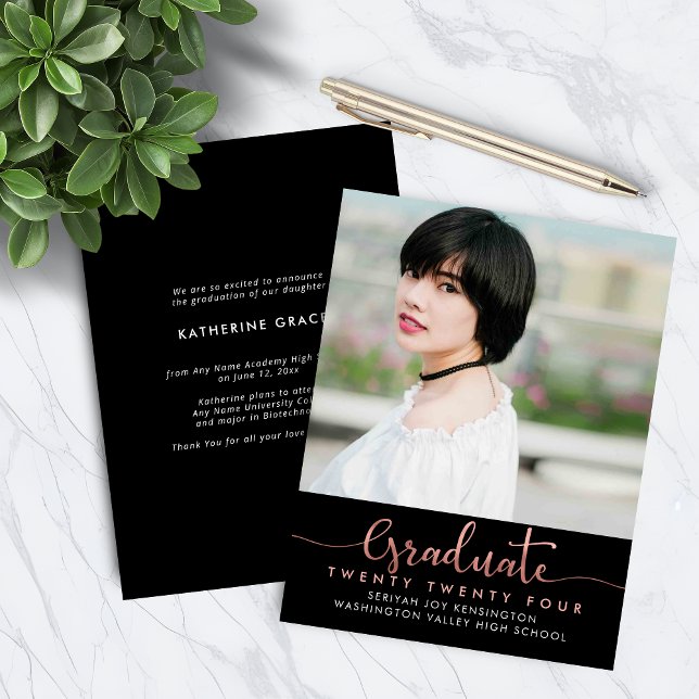 BUDGET-Rose Gold-Foil-Script-Abschluss-Foto (BUDGET Rose Gold Foil Script Graduation Photo Announcement Card)