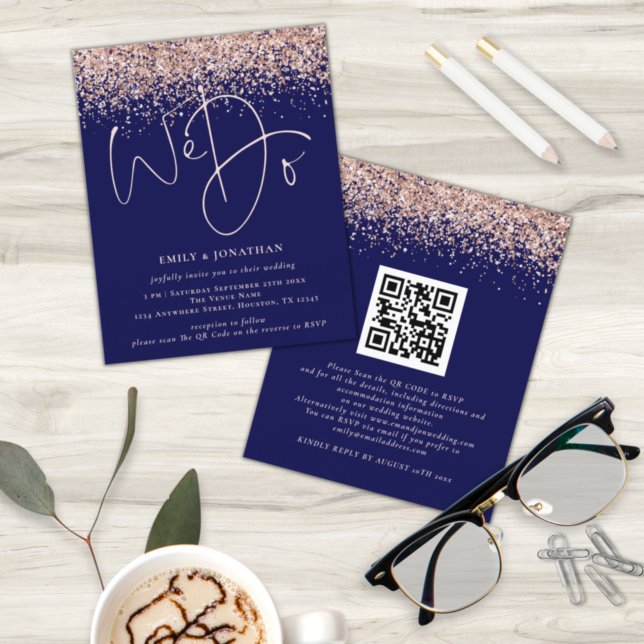 Budget Rose Gold Glitter We Do QR Navy Wedding (Von Creator hochgeladen)