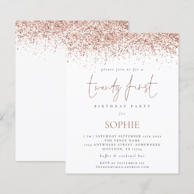 Budget Rose Gold Glitzer 21. Party Einladung (Vorne/Hinten)