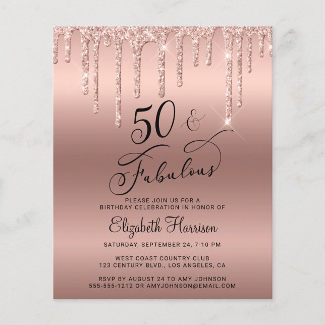 Budget Rose Gold Glitzer 50. Geburtstag Einladung Flyer (Vorne)