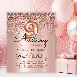 Budget Rose Gold Glitzer 9. Geburtstag Einladung