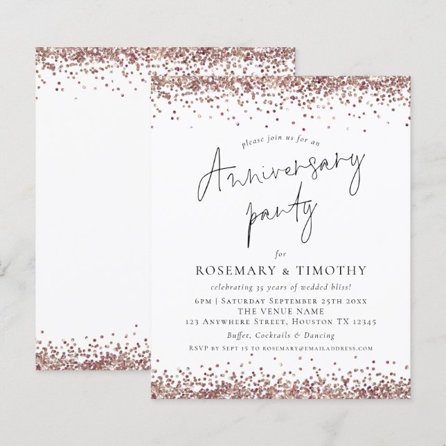 Budget Rose Gold Glitzer Anniversary Party Einladu (Vorne/Hinten)