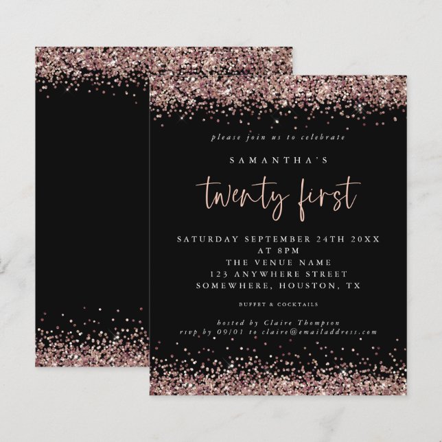 Budget Rose Gold Glitzer Black 21. Party Einladung (Vorne/Hinten)