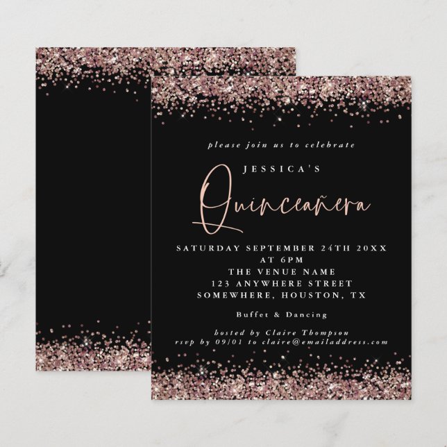 Budget Rose Gold Glitzer Black Quinceanera Einladu (Vorne/Hinten)