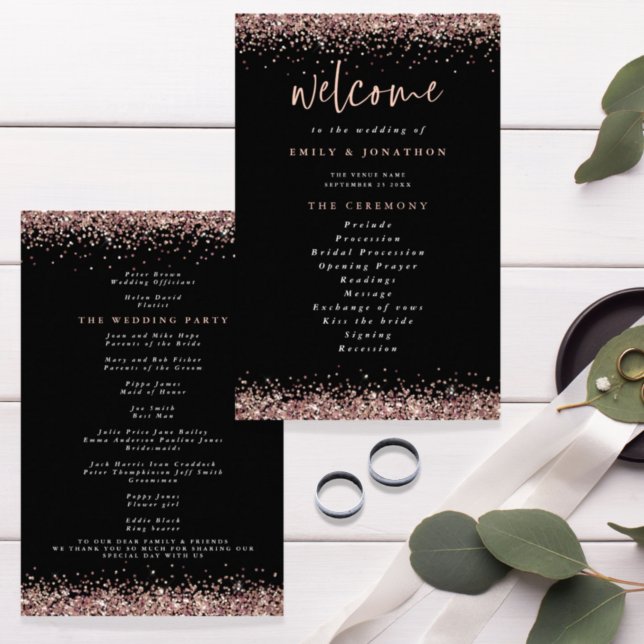 Budget Rose Gold Glitzer Black Wedding Programm (Von Creator hochgeladen)