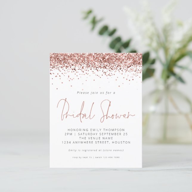Budget Rose Gold Glitzer Brautparty Einladung (Stehend Vorderseite)