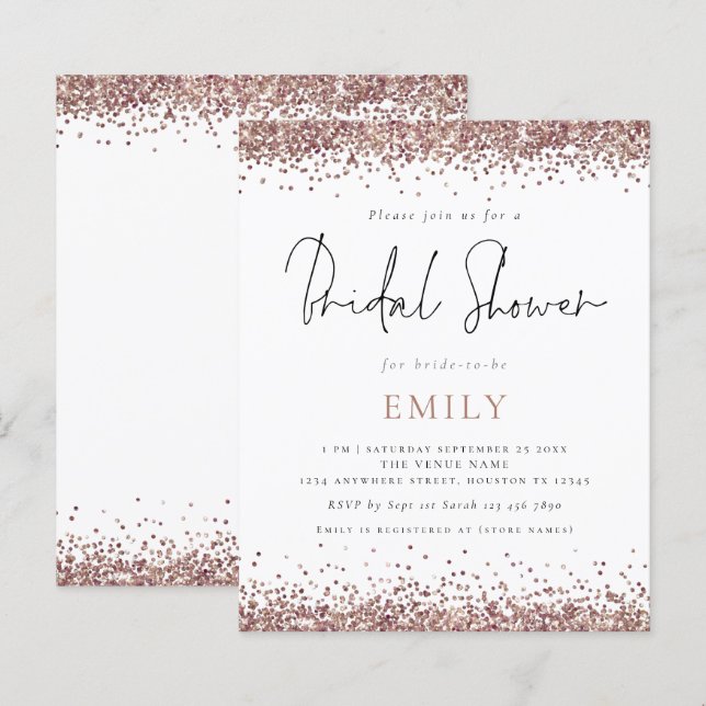 Budget Rose Gold Glitzer Bridal Dusche Einladung (Vorne/Hinten)