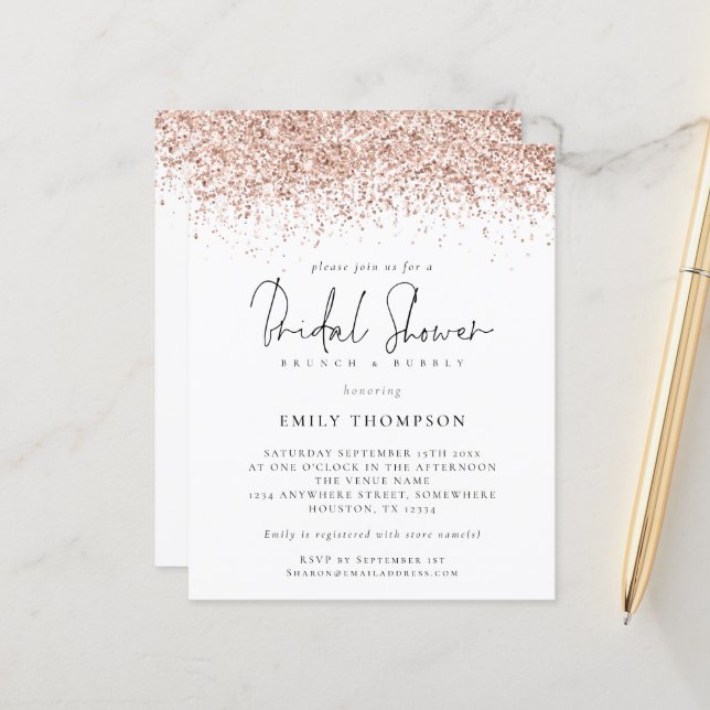 Budget Rose Gold Glitzer Bridal Dusche Einladung (Vorderseite/Rückseite Beispiel)