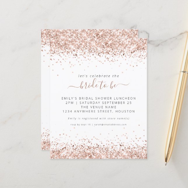Budget Rose Gold Glitzer Bridal Dusche Einladung (Vorderseite/Rückseite Beispiel)
