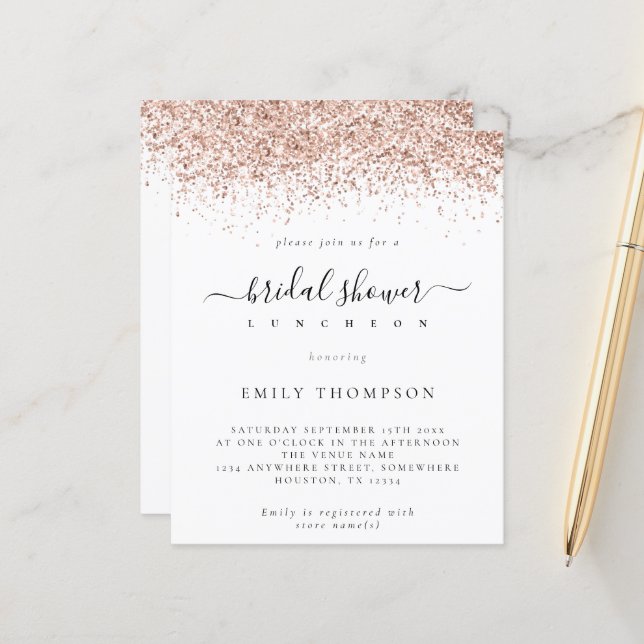 Budget Rose Gold Glitzer Bridal Dusche Einladung (Vorderseite/Rückseite Beispiel)