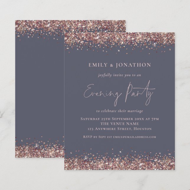 BUDGET Rose Gold Glitzer Grauer Abend Einladung (Vorne/Hinten)