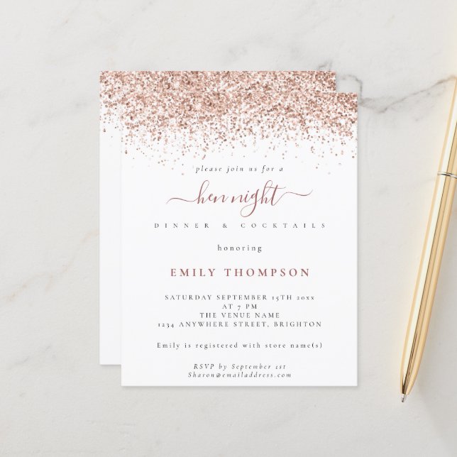 Budget Rose Gold Glitzer Hen Night White Einladung (Vorderseite/Rückseite Beispiel)