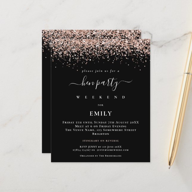 Budget Rose Gold Glitzer Hen Party Einladung (Vorderseite/Rückseite Beispiel)