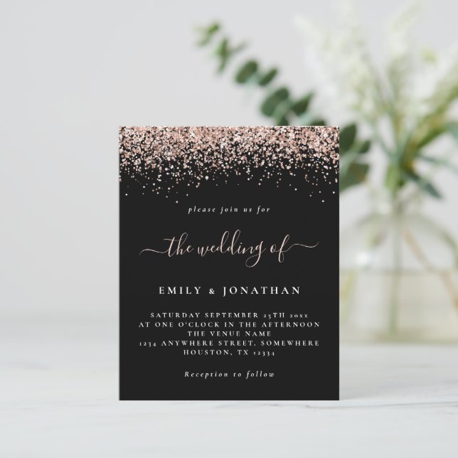 Budget Rose Gold Glitzer Hochzeit Black Einladung (Stehend Vorderseite)
