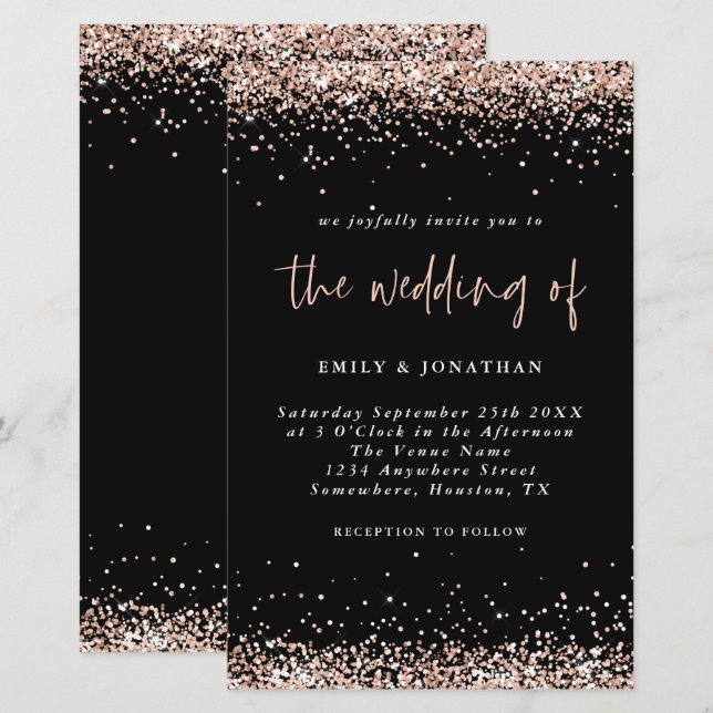 Budget Rose Gold Glitzer Hochzeit Black Einladung (Vorne/Hinten)