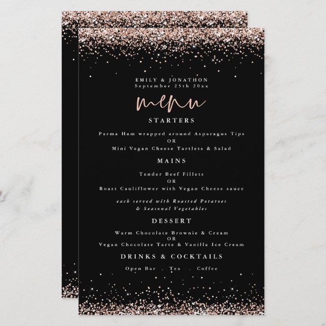 Budget Rose Gold Glitzer Hochzeit Black Menu (Vorne/Hinten)