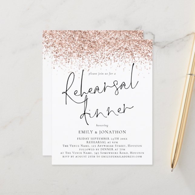 Budget Rose Gold Glitzer Hochzeit Probe Dinner (Vorderseite/Rückseite Beispiel)